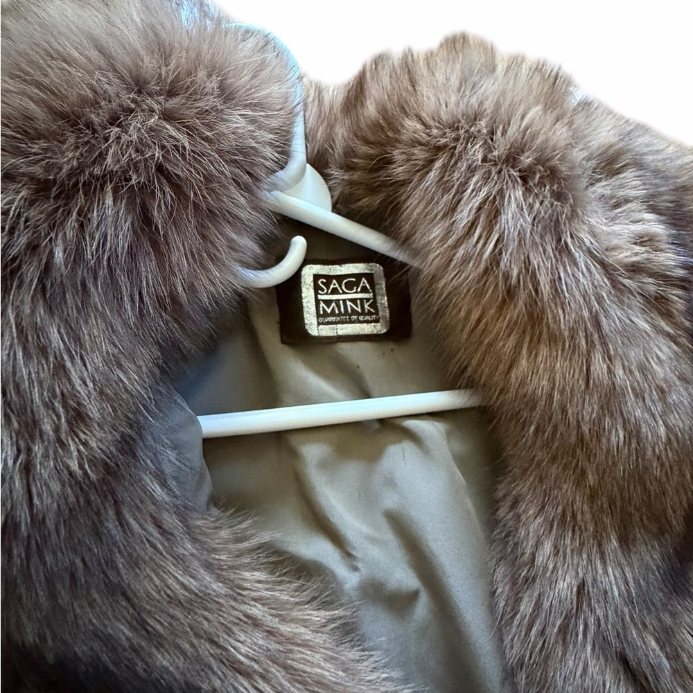 RARE Authentic SAGA Mink Fur Long Coat Camel Brown Herringbone SAGA Fox Trim M - Picture 7 of 14